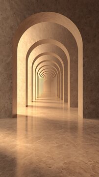 Golden Archway Corridor Receding Archways in Marble Hallway