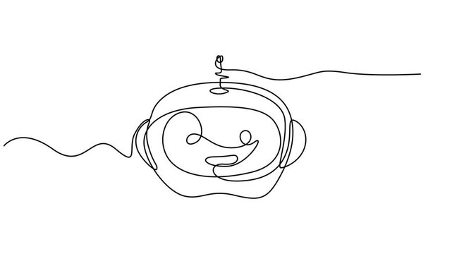 Robotic head animation continuous one line drawing, Futuristic robot head outline with circuit connections in minimalist style, no editable stroke, Robotic head continuous one line drawing, AI style.