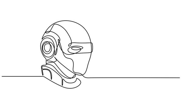 Robotic head animation continuous one line drawing, Futuristic robot head outline with circuit connections in minimalist style, no editable stroke, Robotic head continuous one line drawing, AI style.