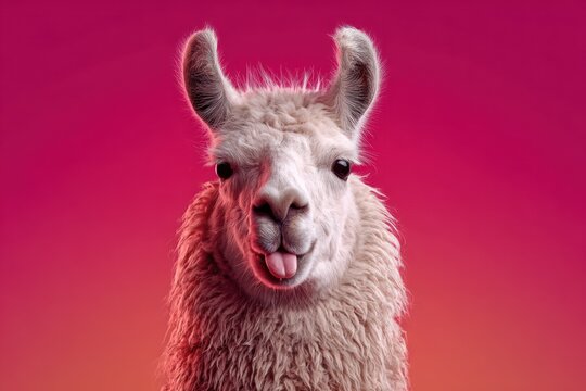 Llama making funny face in studio portrait
