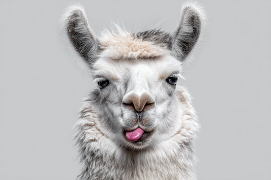 Humorous llama making face in studio shot