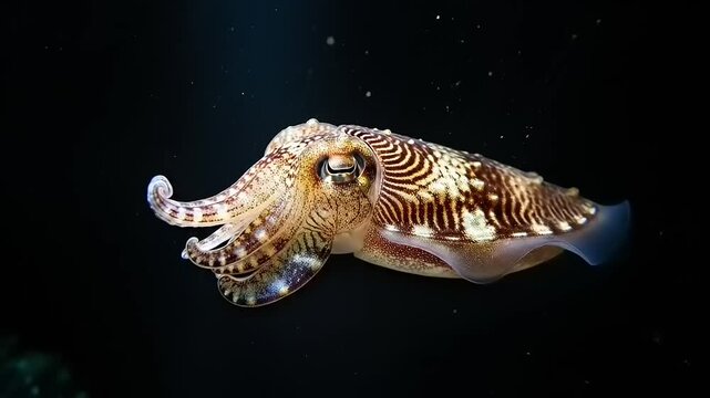 Cuttlefish Swimming in Dark Water Aquarium.