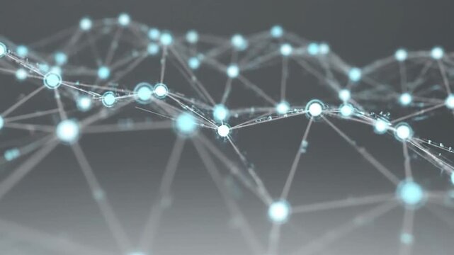 minimal light corporate data mesh with smooth white vector lines linking circular digital points soft grey studio backdrop subtle pulsation of network structure seamless continuous loop elegant contem
