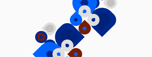 Abstract geometric shapes, blue, red, gray. Circles, rounded rectangles overlap creating modern design. Minimalist composition, clean aesthetic.