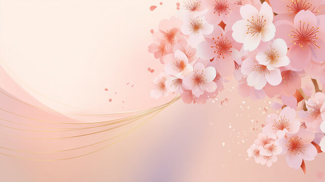 Cherry blossom background with gold wave on beige, copy space