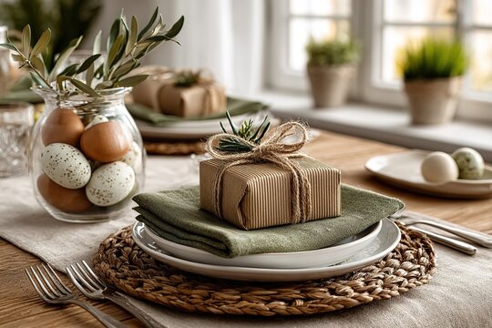 Rustic Easter Table Setting with Gift Boxes and Decorated Eggs, Ideal for Easter decor promotions, home entertaining guides, and lifestyle visuals.