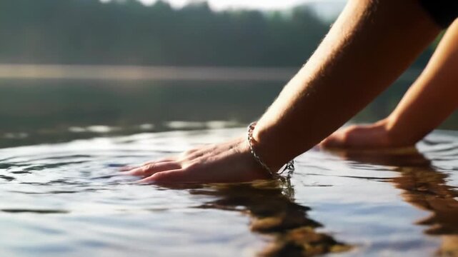 Wide drone video to ECU of relaxed hands gently touching sun-dappled mountain lake water, creating ripples. Lush forest, mist, soft golden dawn light, bokeh. Profound peace and mindfulness