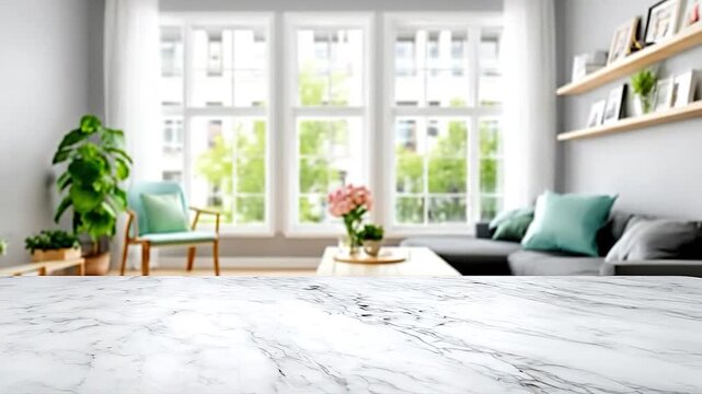 Empty white marble table top with a blurred bright modern living room background