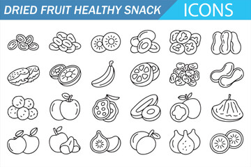 Dried Fruit Healthy Snack Icons Set &ndash; Line Outline Vector Collection with Raisins, Banana, Kiwi, Pineapple, Apple, Pear and Citrus Symbols for Organic Food Packaging, Web and Infographic Design