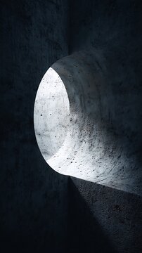 Circular Concrete Arc Window with Light Beam in Dark Wall