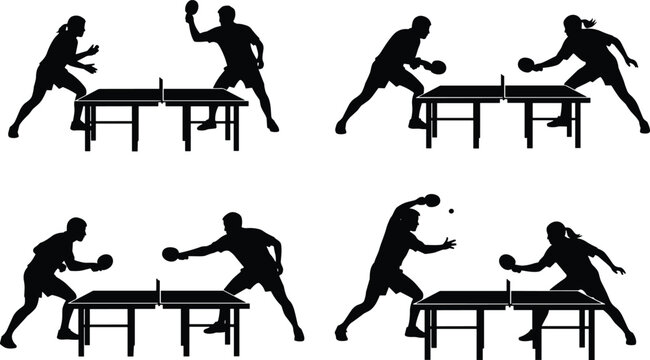 Dynamic silhouette vector illustration of table tennis players in action, competitive ping pong match design for sports and fitness concepts