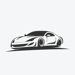 Sleek black and white silhouette of a modern sports car positioned dynamically on a surface
