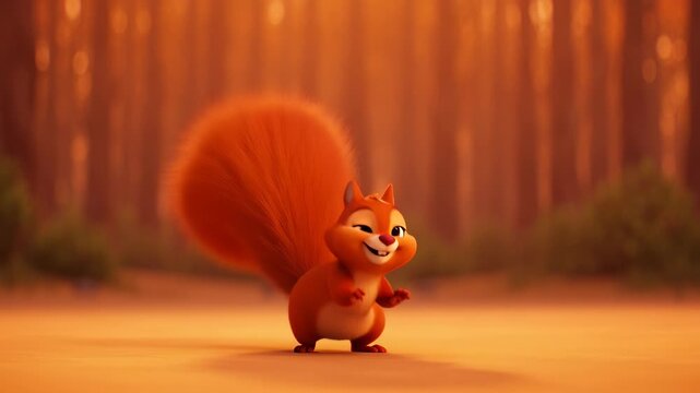 Cartoon squirrel character smiling in autumnal forest setting animated animal nature background for kids educational content