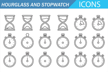 Time Measurement Icon Pack with Hourglass and Stopwatch, Simple Black Line Symbols