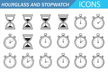 Stopwatch and Sandglass Outline Icons, Deadline and Timing Concept Vector Illustration