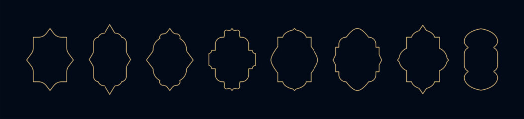 Islamic set of linear golden frames  Arabic arches for Ramadan Kareem on a dark background  minimalist esoteric border  retro  boho. Taro magic sacred cover card frame, gold line decoration. Muslim  © Ekaterina