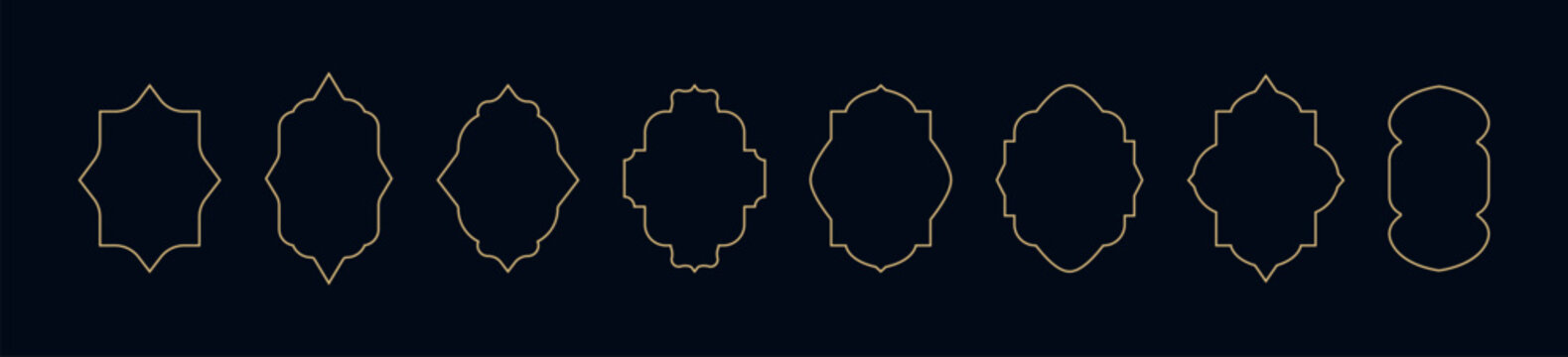 Islamic set of linear golden frames; Arabic arches for Ramadan Kareem on a dark background; minimalist esoteric border; retro; boho. Taro magic sacred cover card frame, gold line decoration. Muslim 