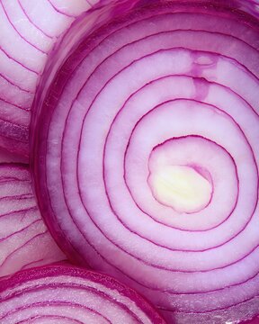 Onion layers cross-section, purple onion rings showing tight concentric layers, glossy cut