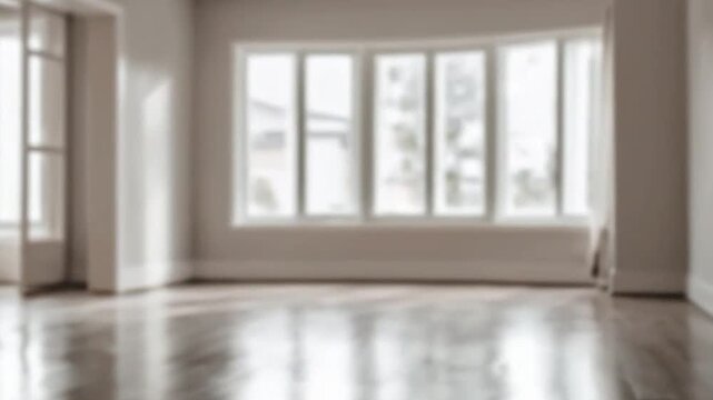 Blurred interior of a spacious empty room with large windows and hardwood floor
