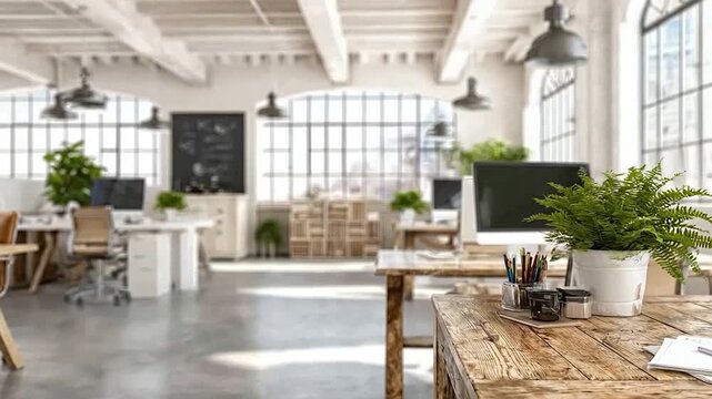 Spacious modern open-plan office with rustic wooden desks and large windows.