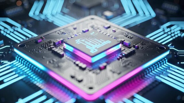 Close up of futuristic glowing computer microchip and electronic circuit board with neon blue and pink lights