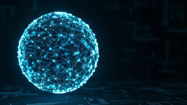 Complex network of interconnected points and lines forms a glowing sphere on a dark floor for professional big data concepts.
