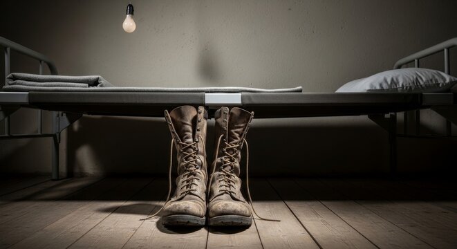 Worn Combat Boots by a Military Cot