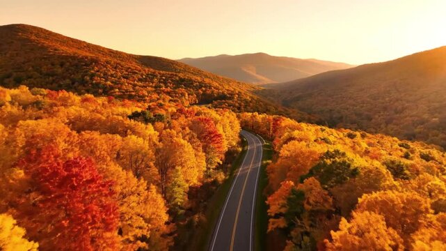 An breathtaking aerial view captures a winding road carving its way through a vast mountain landscape, adorned with the spectacular colors of autumn foliage during a radiant golden hour sunset. The vi