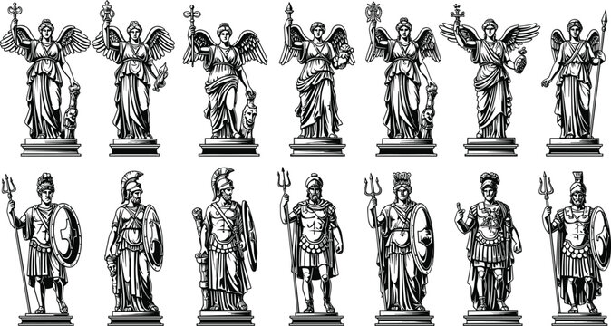 Ancient Greek Roman Gods and Goddesses Vector Illustration Set featuring Winged Victory Nike Athena Neptune and Spartan Warrior Statues on White