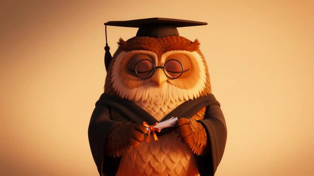 Animated graduation owl character holding diploma celebration of academic achievement and success on warm background