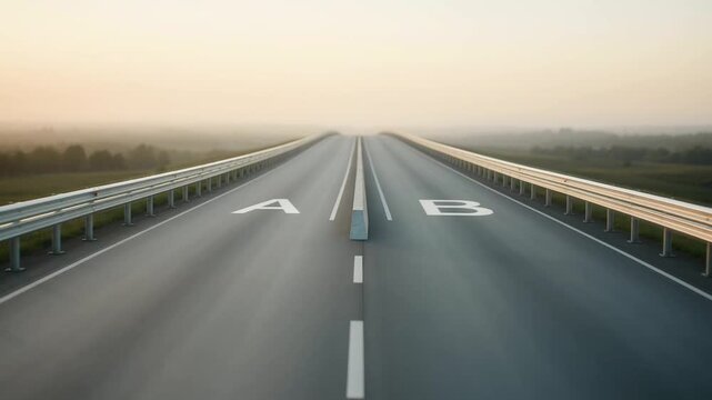 Stylish Split Highway Road with Metal Barriers and Clear Road Markings Under Foggy Sky