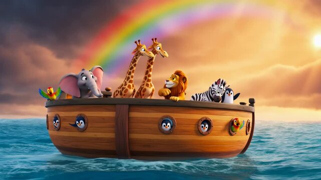 Cartoon animals on noahs ark floating in the ocean under a rainbow and sunlight animation for children