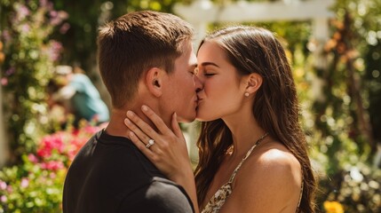 Fototapeta premium Couple shares a kiss in a garden setting during a sunny afternoon surrounded by flowers and greenery