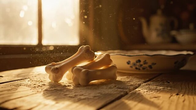 Cozy kitchen corner bathed in warm golden light with rustic wooden table and bones as decor