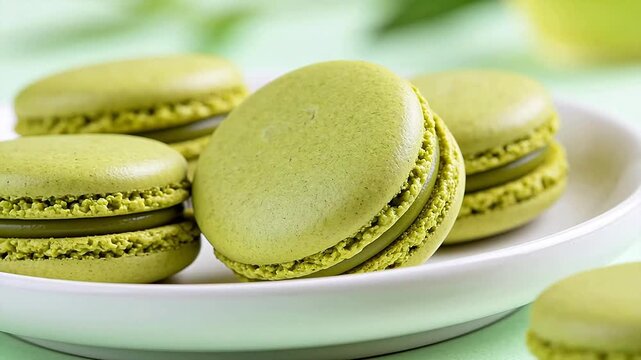 Green macarons on white plate
