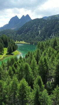 Lai da Palpuogna lake Albula pass switzerland nature in the summer, aerial drone vertical video