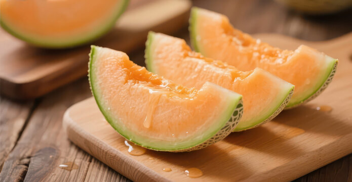 Cut Hami melon pieces are placed on a bamboo cutting board, with plump flesh and abundant juice, showing the texture of fresh and attractive summer fruits, making it a material image suitable for food