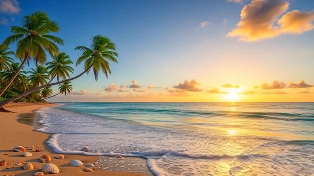 Palm trees lean over a serene beach at sunrise with waves and seashells.