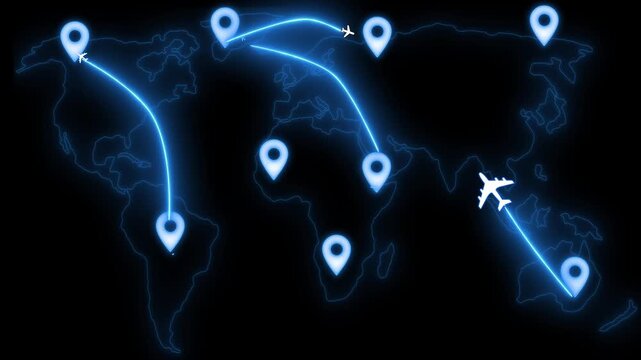 Neon world map with flight routes animation on black background