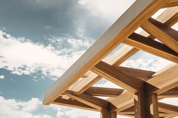 Modern architecture wooden beams and cloudy sky