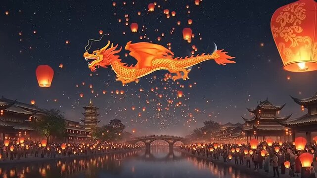 Dragon Lanterns Flying Over Chinese Village.