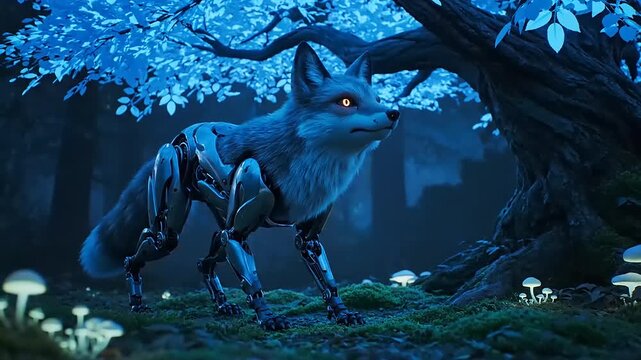 Mysterious Fox in Dark Forest Scene.