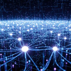Fototapeta premium Futuristic network visualization with glowing blue nodes and connections on a dark background representing technology and data transfer
