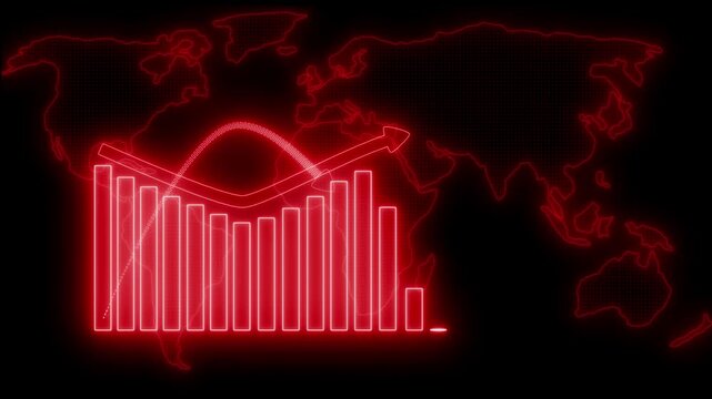 Glowing world map with bar chart and arrows indicating growth, Tech Business Growth Chart with Neon Bars