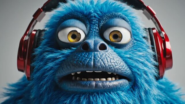 Blue furry monster wearing red headphones with mouth open