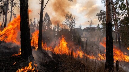 Wildfire consuming vegetation close to residential buildings.