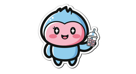 Obraz premium A cartoon character in blue attire holding a drink in a casual setting