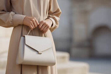 Fototapeta premium Woman holding stylish handbag. Fashion accessory for modern lifestyle. Elegant female carrying a luxury item.