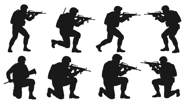 Vector silhouettes of soldiers on duty, troops, military man, armored army in various combat poses isolated on white background. War, conflict, battlefield concept