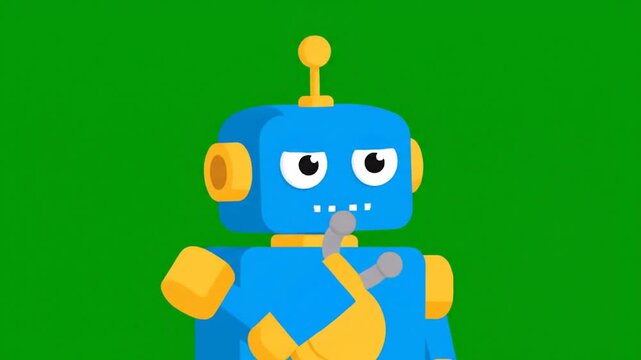 A friendly cartoon robot stands with a blue body and yellow features, set against a green background, with circular eyes and a small antenna